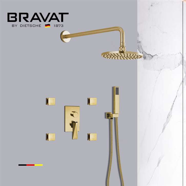 Bravat Shower Set With Valve Mixer 3-Way Concealed Wall Mounted In Brushed Gold