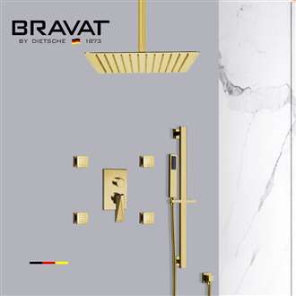 Bravat Square Shower Set With Valve Mixer 3-Way Concealed Ceiling Mounted In Brushed Gold