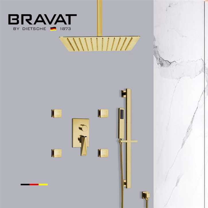 Bravat Square Shower Set With Valve Mixer 3-Way Concealed Ceiling Mounted In Brushed Gold