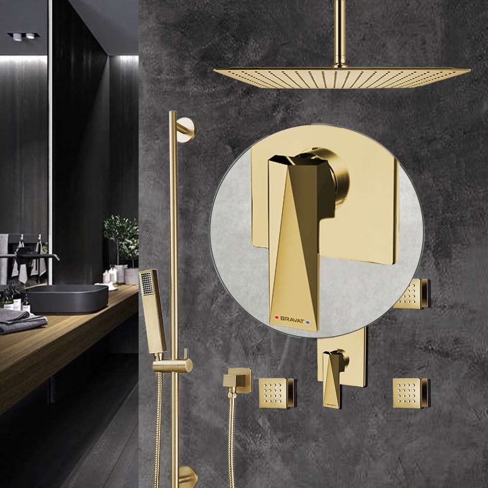 Ceiling mounted Brushed gold 3 way Thermostatic Shower valve system wi –  Grolta Group USA