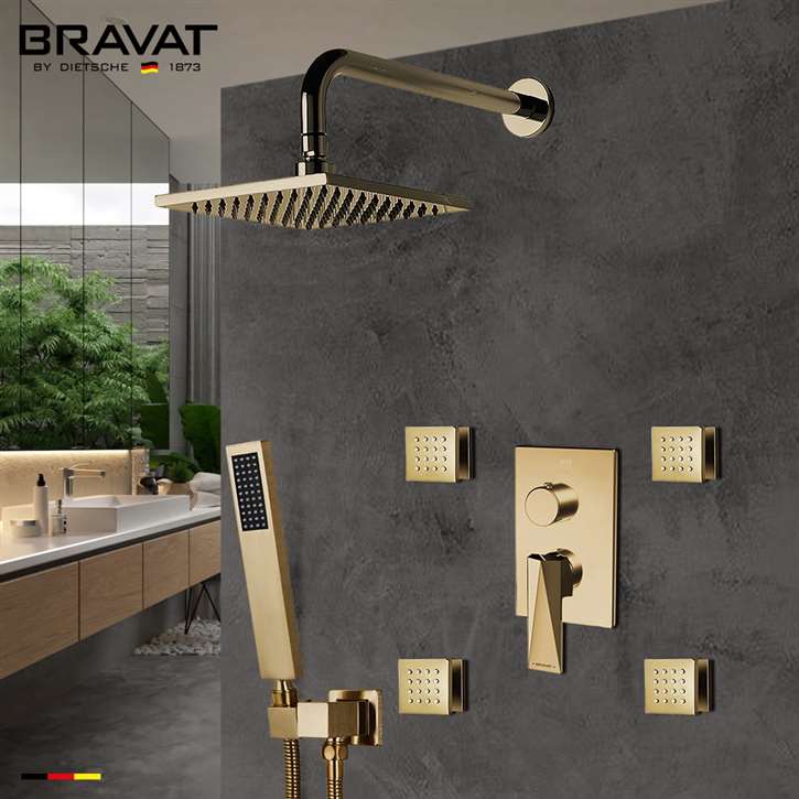 Bravat Brushed Gold Wall Mounted Square Shower Set With Valve Mixer 3-Way Concealed