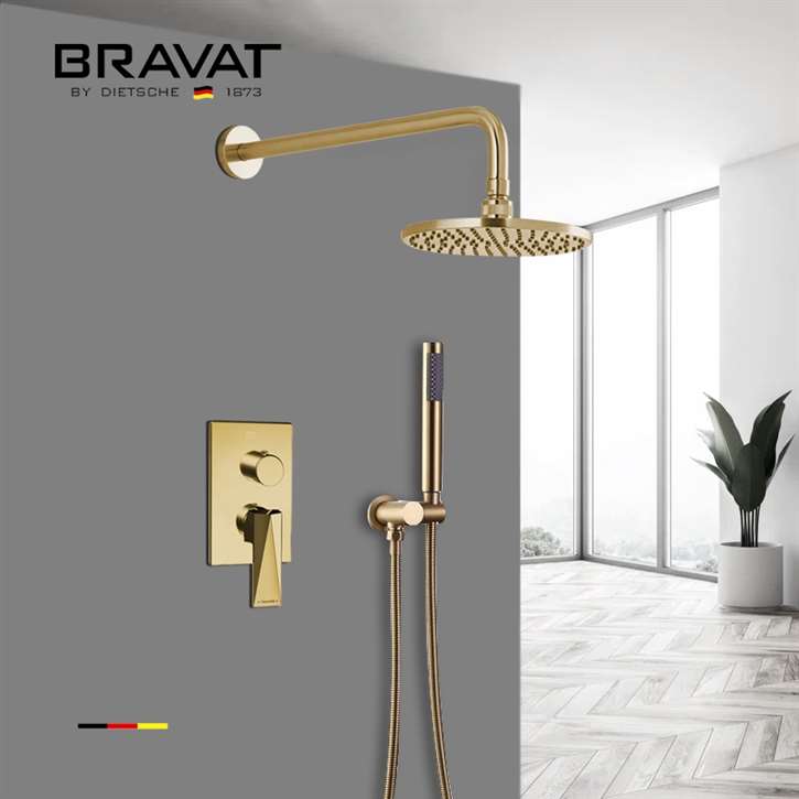 Bravat Brushed Gold Wall Mounted Shower Set With Valve Mixer 3-Way Concealed