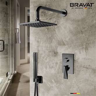 Bravat Matte Black Wall Mounted Square Shower Set With Valve Mixer 3-Way Concealed
