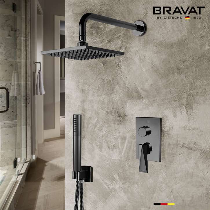 Bravat Matte Black Wall Mounted Square Shower Set With Valve Mixer 3-Way Concealed