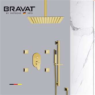 Bravat Square Shower Set With Valve Mixer 3-Way Concealed Ceiling Mounted In Brushed Gold || Concealed Ceiling