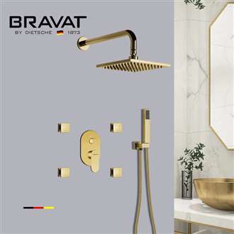 Bravat Brushed Gold Wall Mounted Square Shower Set With Valve Mixer 3-Way Concealed