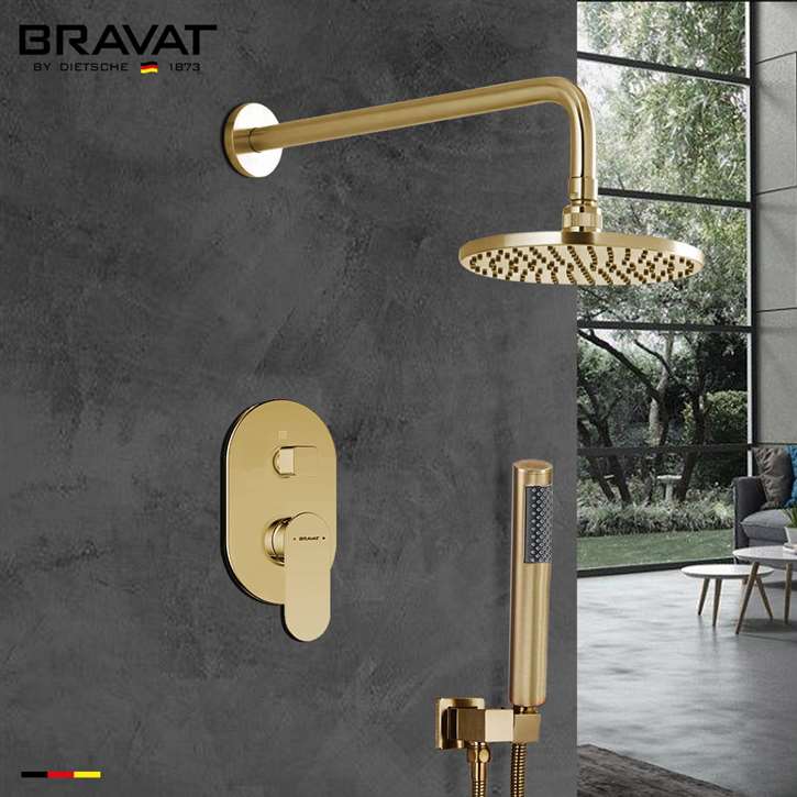 Bravat Brushed Gold Wall Mounted Shower Set With Valve Mixer 3-Way Concealed