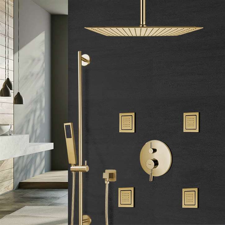 Bravat Square Shower Set With Valve Mixer 3-Way Concealed Ceiling Mounted In Brushed Gold