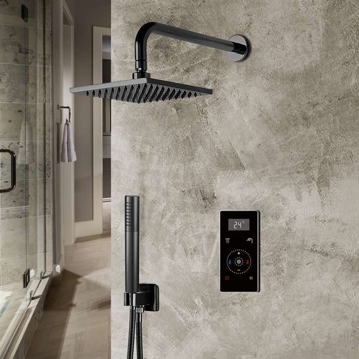 Fontana Matte Black Square Automatic Thermostatic Shower With Black Digital Touch Screen Shower Mixer Display 2 Function Rainfall Shower Set With Handheld Shower