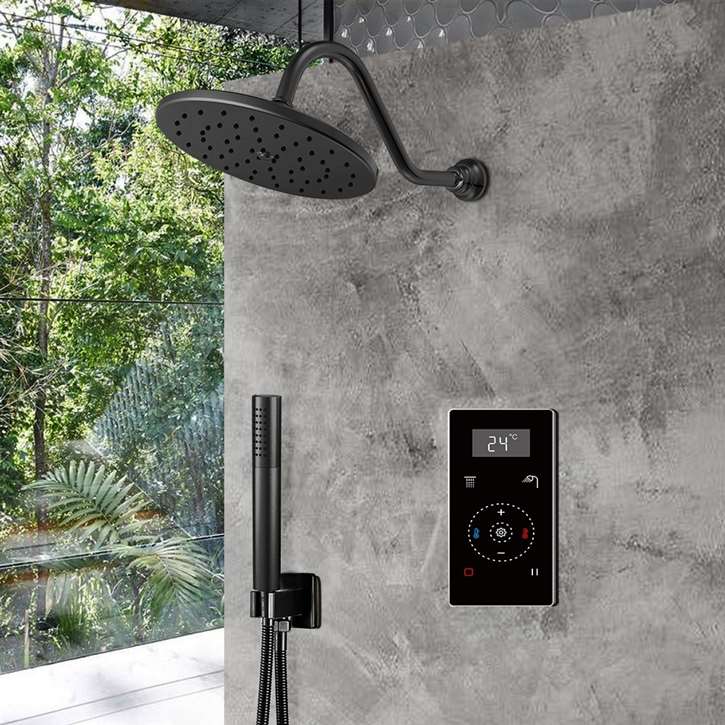 Fontana Matte Black Round Automatic Thermostatic Shower With Black Digital Touch Screen Shower Mixer Display 2 Function Rainfall Shower Set With Handheld Shower