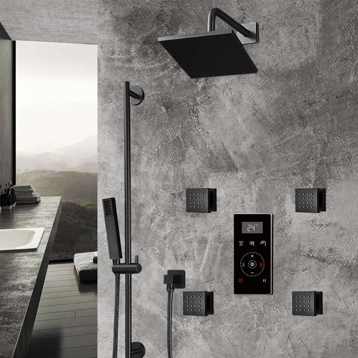 Fontana Matte Black Square Automatic Thermostatic Shower With Black Digital Touch Screen Shower Mixer Display 3 Function Rainfall Shower Set With Handheld Shower