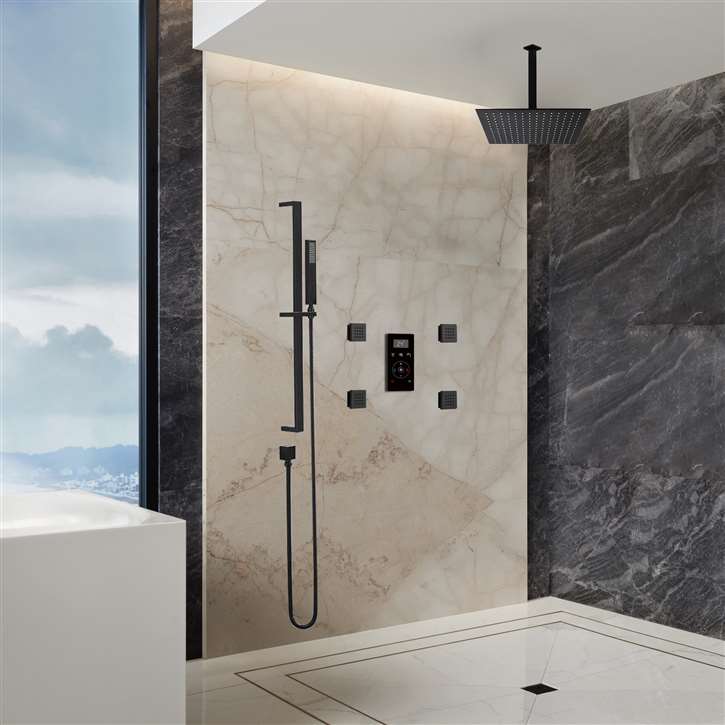 Fontana Matte Black Automatic Thermostatic Shower With Black Digital Touch Screen Shower Mixer Display 3 Function Rainfall Shower Set With Handheld Shower