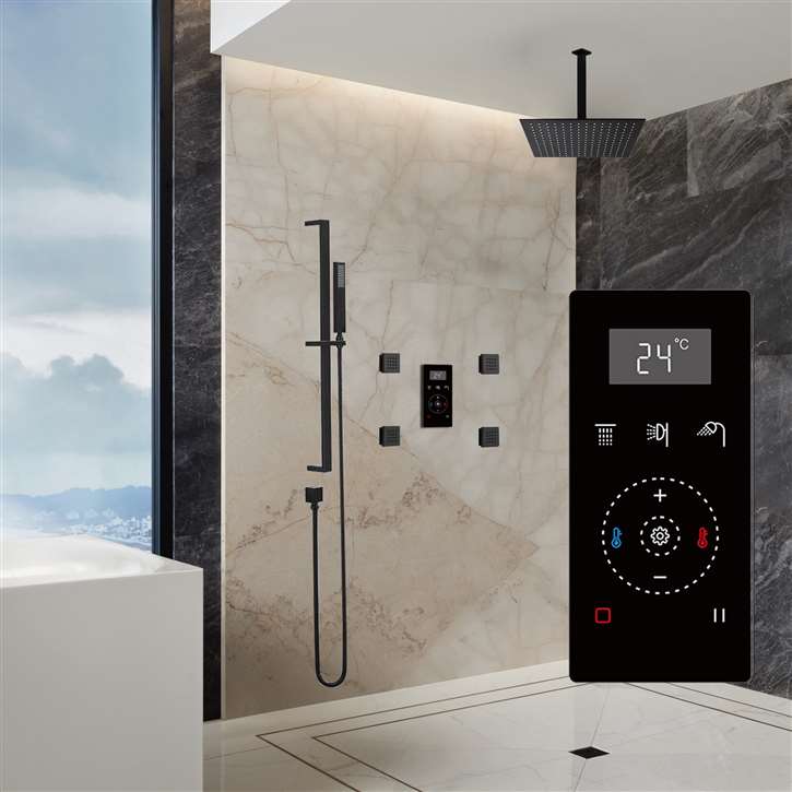 Fontana Matte Black Automatic Thermostatic Shower With Black Digital Touch Screen Shower Mixer Display 3 Function Rainfall Shower Set With Handheld Shower