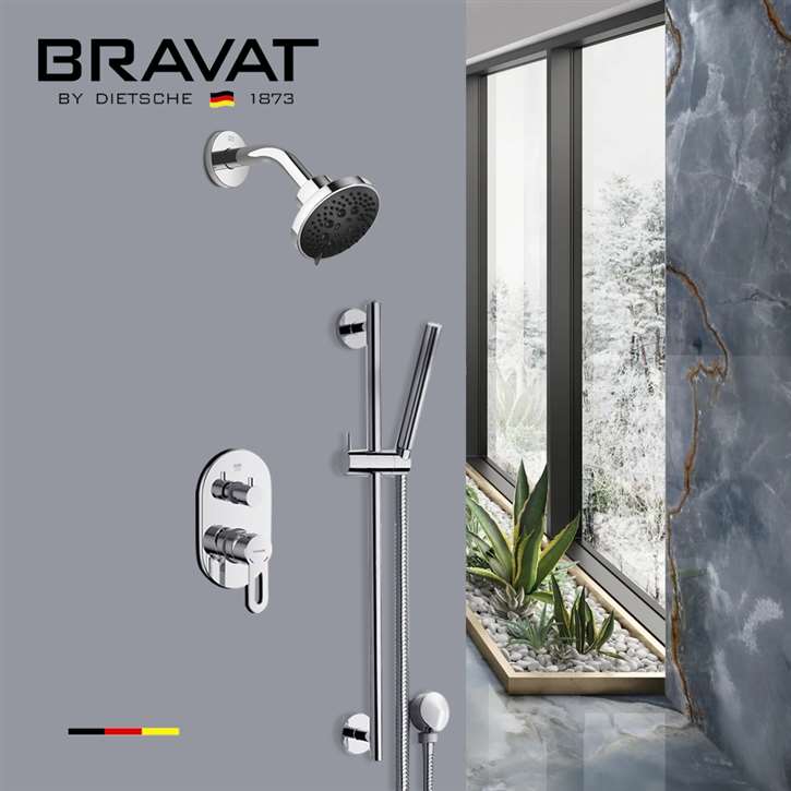 Bravat Round Wall Mounted Chrome Shower Set with Hand Shower and Concealed Valve Mixer
