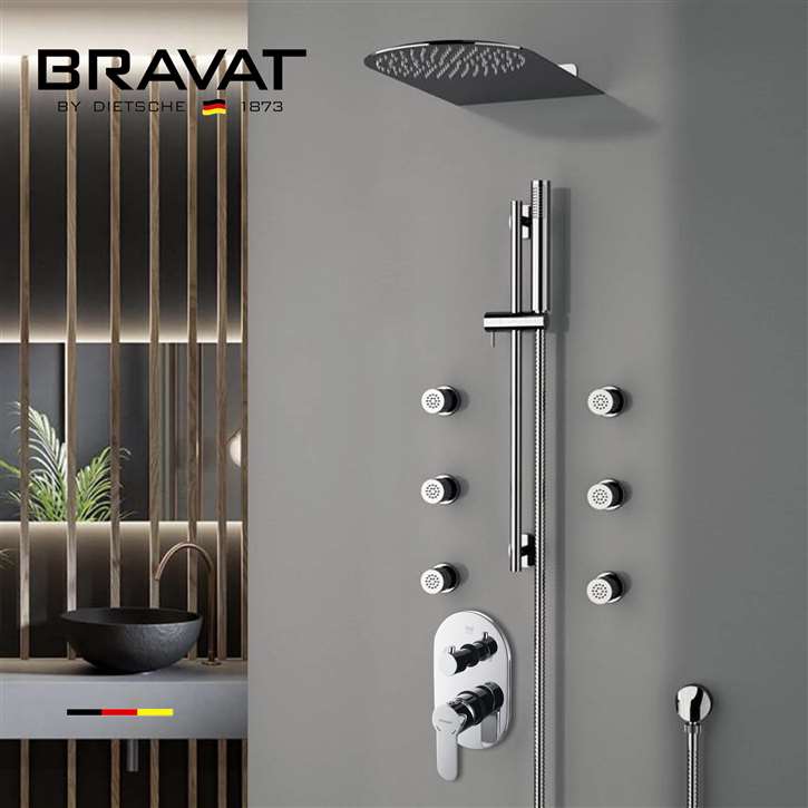 Bravat Chrome Luxury Shower Set with Concealed Wall Mount Thermostatic Mixer, Body Jets and Hand Shower