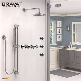 Bravat Chrome Wall Mounted Round Shower Set With Valve Mixer 3-Way Concealed And Three Body Jets
