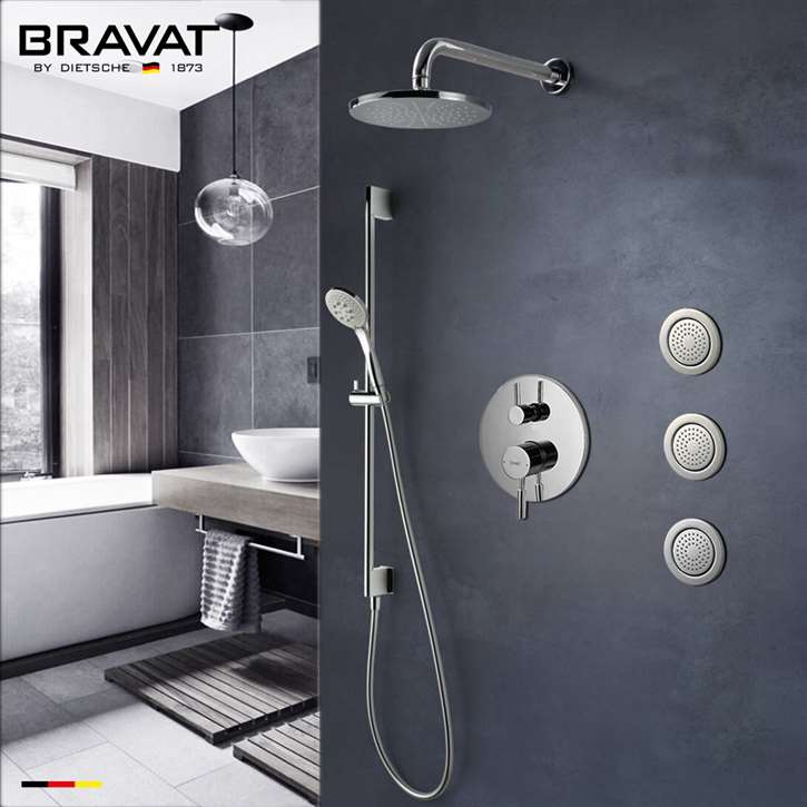 Bravat Chrome Wall Mounted Round Shower Set With Valve Mixer 3-Way Concealed And Three Body Jets