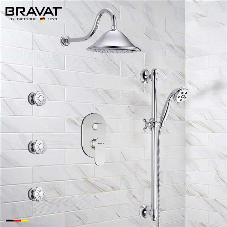 Bravat Wall Mounted Round Shower Set With Valve Mixer 3-Way Concealed And Three Body Jets In Chrome