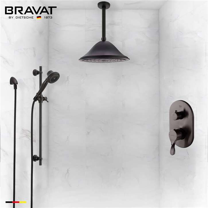 Bravat Ceiling Mounted Round Shower Set With Valve Mixer 3-Way Concealed In Matte Black