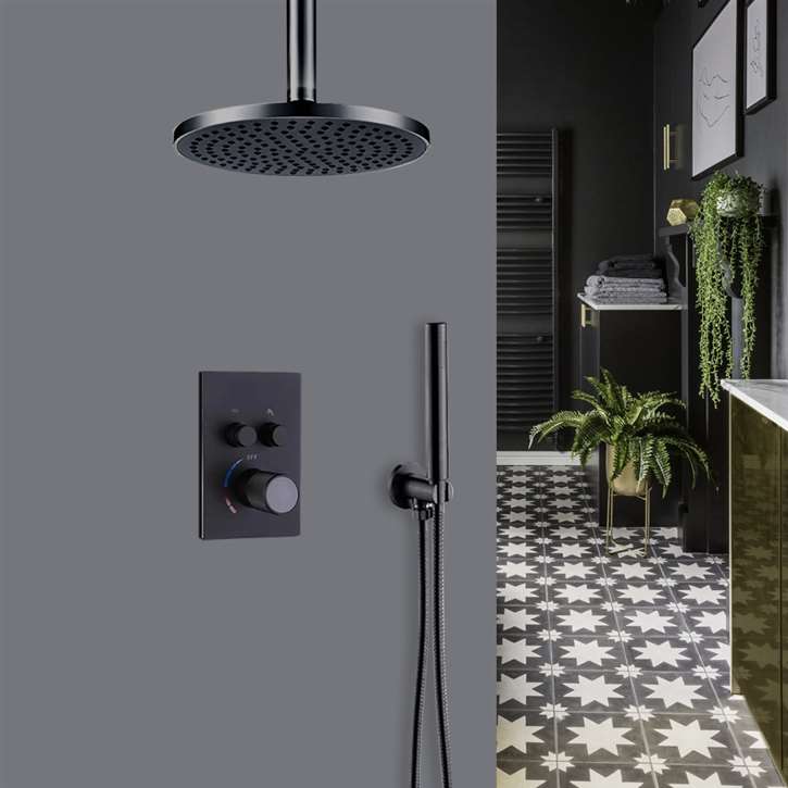 Fontana Avola Matte Black Ceiling Mount Round Shower Head With 2-Way Concealed Thermostatic Mixer Shower Set With Round Handheld Shower