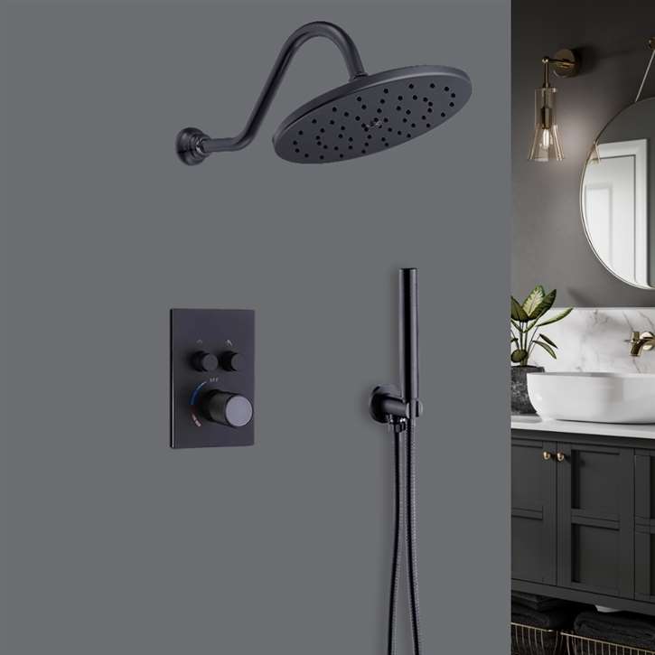 Fontana Merano Matte Black Wall Mount Round Shower Head With 2-Way Concealed Thermostatic Mixer Shower Set With Round Handheld Shower