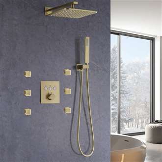 FontanaShowers Brushed Gold Bathroom Thermostatic Button Shower System Set