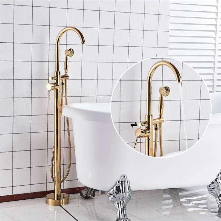 Fontana Creteil Floor Mounted Gold Finish Tub Sink Faucet Single Handle with Hand Shower