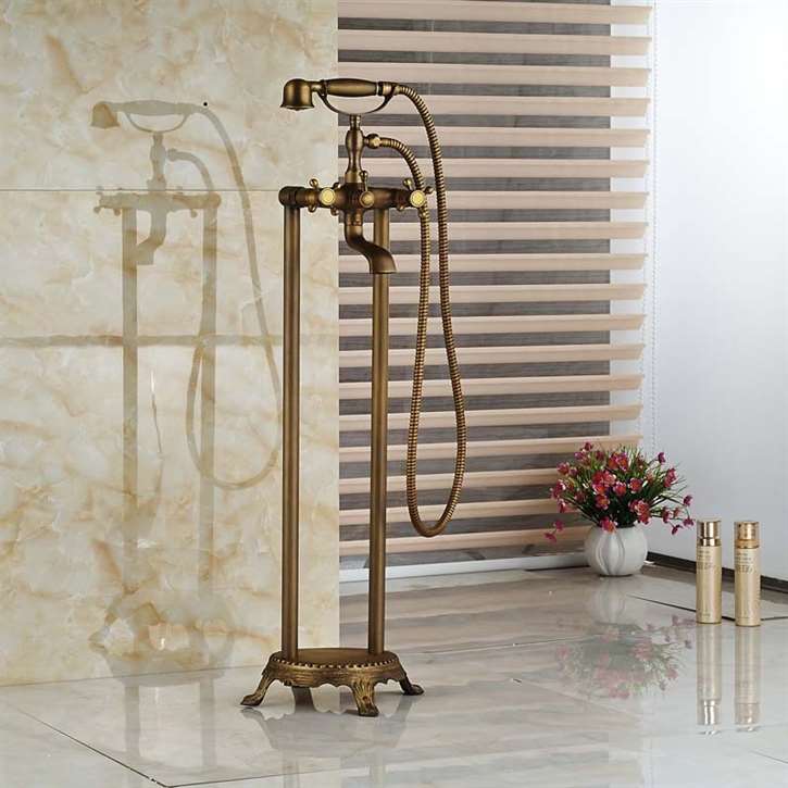 Fontana Dax Antique Brass Floor Stand Bathtub Shower Faucet with Hand Shower