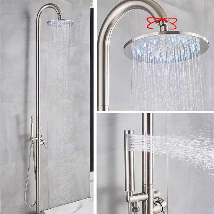 Fontana Dijon Floor Standing Outdoor Shower Faucet Set with Rotatable Rainfall Shower Head in Brushed Nickel Finish