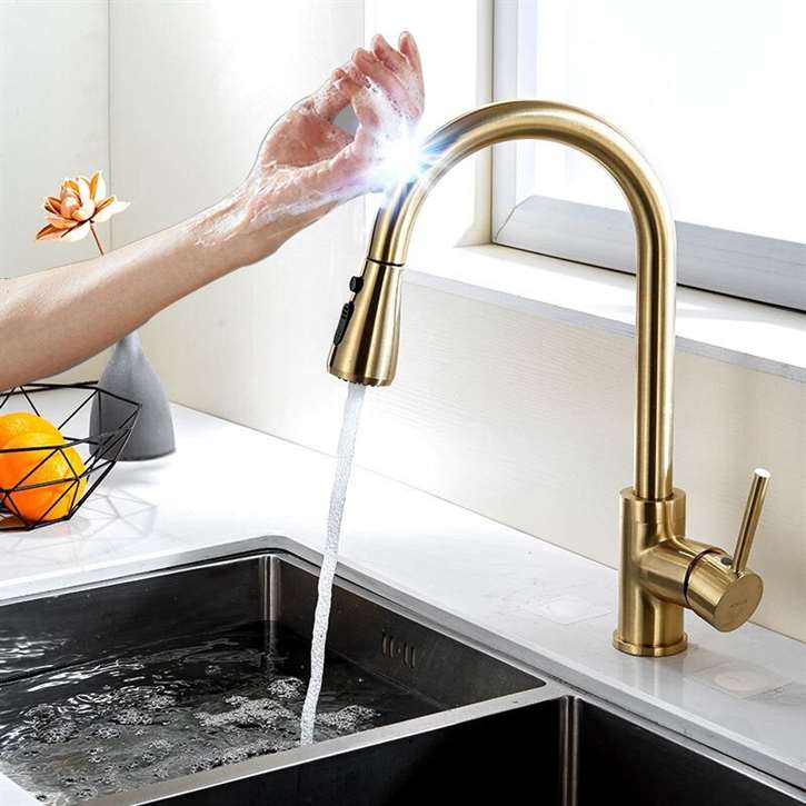 Fontana Chatou Gold Pull Out Sensor Touch Kitchen Sink Faucet with Button For Two Way Flow