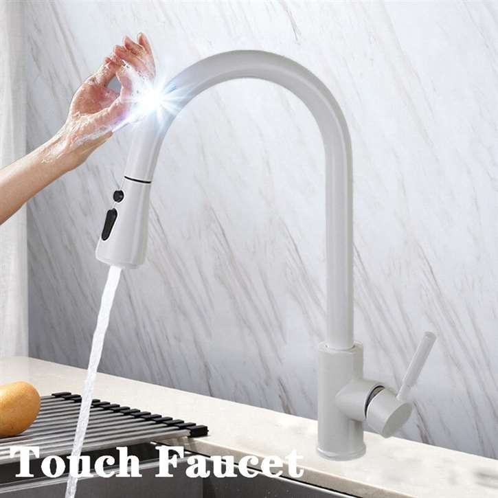 Fontana Chatou White Gooseneck Pull Out Sprayer Sensor Touch Kitchen Sink Faucet