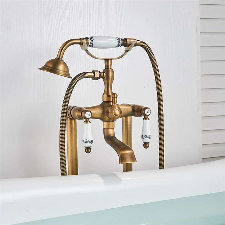 Fontana Deauville Dual Handle Bathroom Freestanding Floor Mount Bathtub Faucet with Hand Shower and Tub Spout in Antique Brass