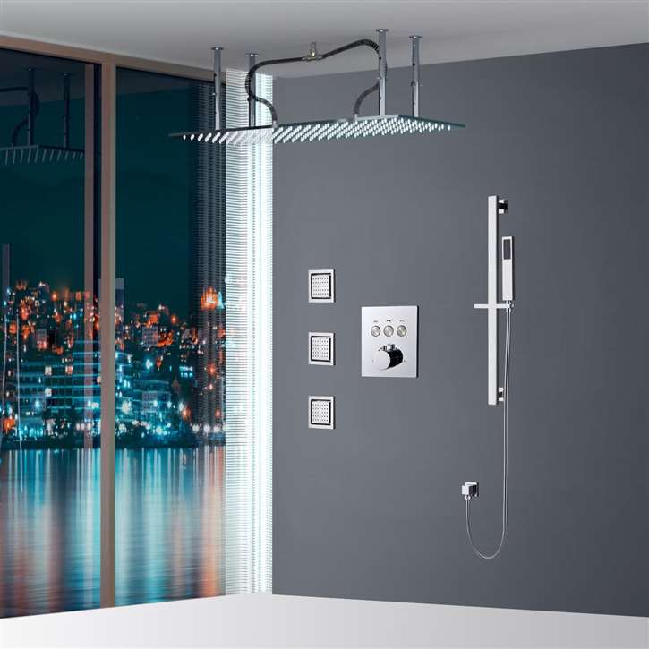 Fontana Voghera 20*40in Chrome LED Ceiling Mount Rainfall Shower System with Handheld Shower and 3 Body Jets