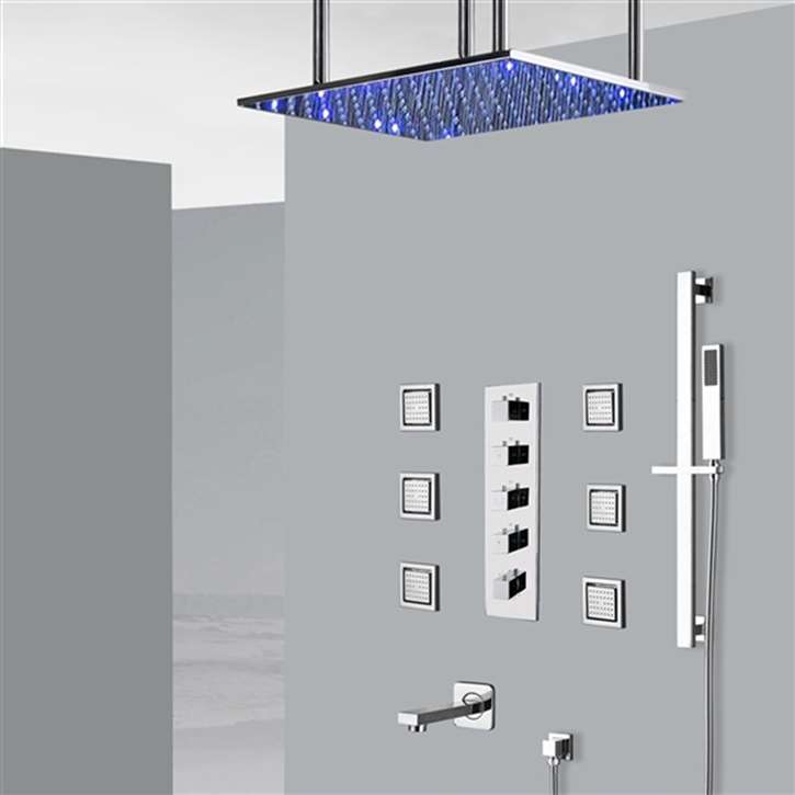 Fontana Ardea 24" Ceiling Mount LED Rainfall Shower System with Handheld Shower, Tub Spout and 6 Body Jets in Chrome