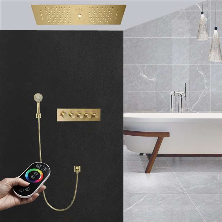 Fontana Feltre Brushed Gold Musical Thermostatic Remote Controlled Waterfall Water Column Rainfall Shower System with Round Hand Shower