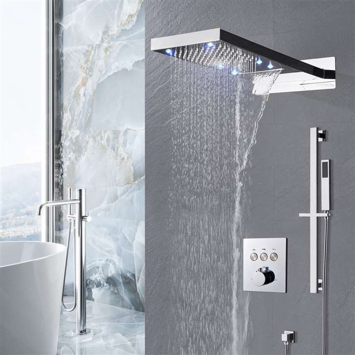 Fontana Pavia 22" Chrome LED Wall Mount Waterfall Rainfall Shower System with Handheld Shower