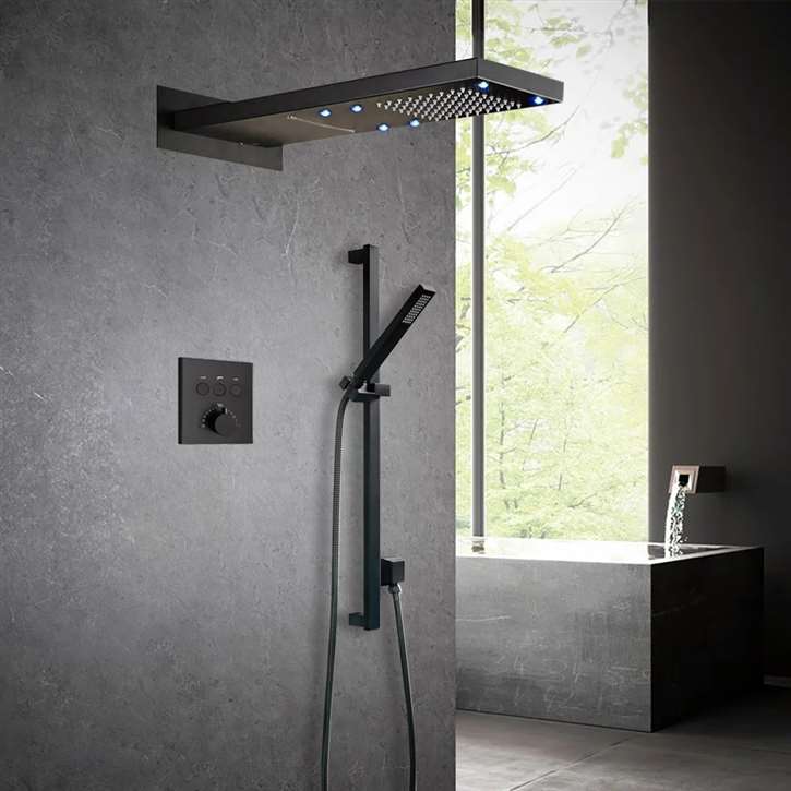 Fontana Chieti 22" Matte Black LED Wall Mount Waterfall Rainfall Shower System with Handheld Shower