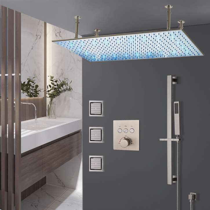 Fontana Monreale 20*40in Brushed Nickel LED Ceiling Mount Rainfall Shower System with Handheld Shower and 3 Jetted Body Sprays