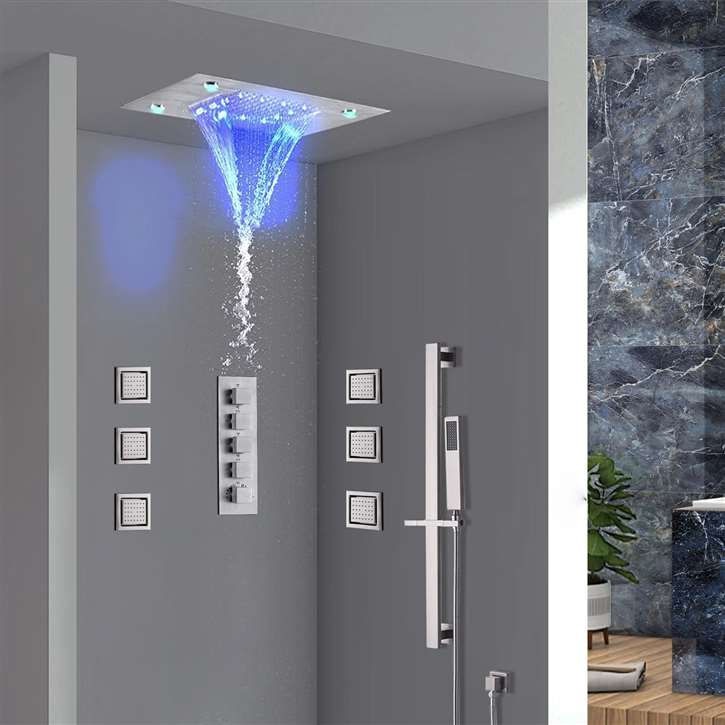 Fontana Isernia 20*14" LED Chrome Recessed Rainfall Waterfall Shower System with Handheld Shower and 6 Jetted Body Sprays