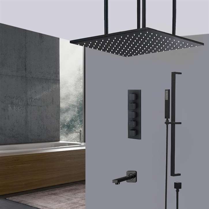 Fontana Terracina 20" Matte Black Rainfall Mist Shower System with Handheld Shower and Tub Spout