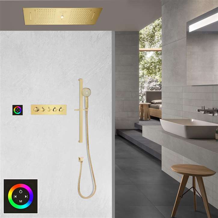 Cesena Thermostatic Touch Panel Controlled Recessed Ceiling Mount LED Waterfall Rainfall Shower System with Hand Shower and Sound System by Fontana