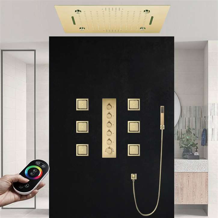 Ferrara LED Thermostatic Remote Controlled Recessed Ceiling Mount Musical Waterfall Mist Rainfall Shower System with Body Jets and Hand Shower