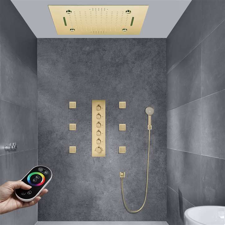 20" Remote Controlled Thermostatic Recessed Ceiling Mount Waterfall Mist Rainfall Musical Shower System with Body Jets and Handheld Shower by Fontana