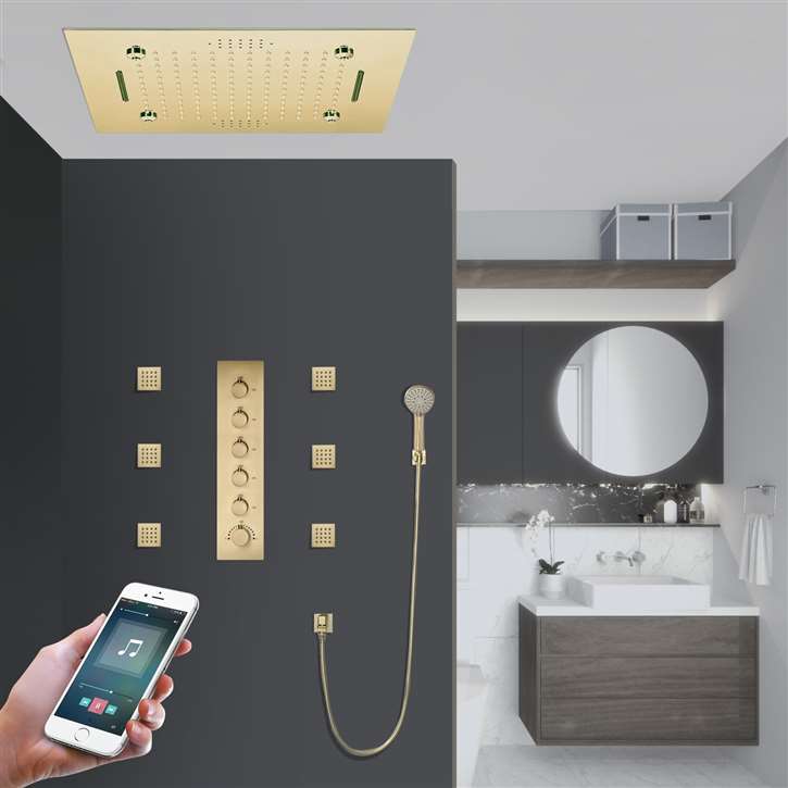 Pavia Thermostatic Waterfall Mist Rainfall Recessed Ceiling Mount Phone Controlled Shower System with Hand Shower and Body Jets