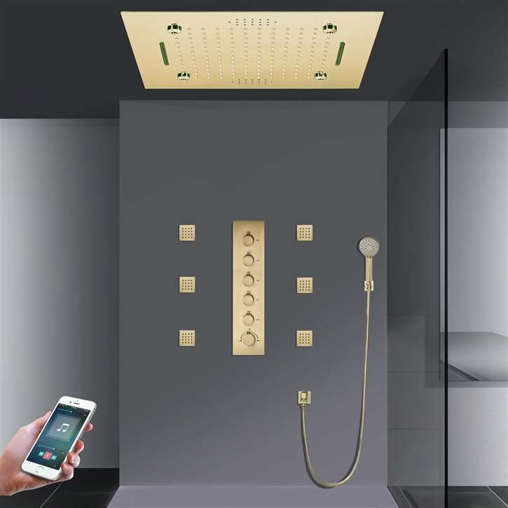 Lucca LED Phone Controlled Thermostatic Recessed Ceiling Mount Waterfall Rainfall Mist Musical Shower System with Handheld Shower and Jetted Body Sprays