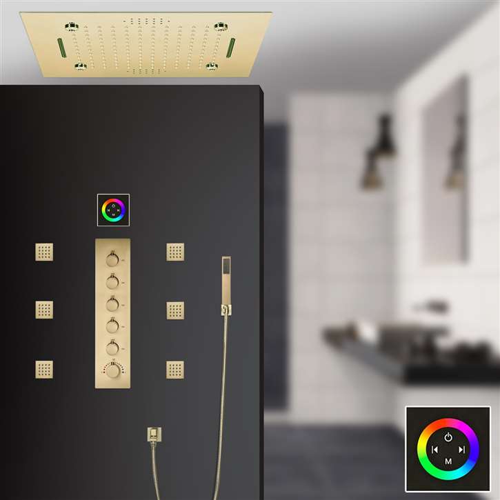 Brushed Gold Touch Panel Controlled Thermostatic Recessed Ceiling Mount Rainfall Waterfall Mist LED Musical Shower System with Body Jets and Hand Shower