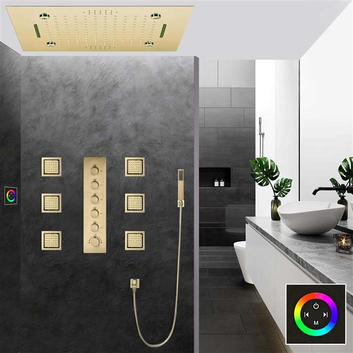 Thermostatic Touch Panel Controlled LED Musical Rainfall Shower System with Jetted Body Sprays and Handheld Shower