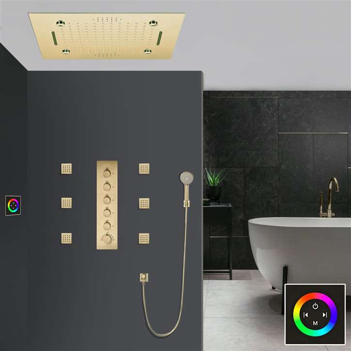 Varese Touch Panel Controlled Thermostatic Recessed Ceiling Mount LED Rainfall Waterfall Mist Musical Shower System with Body Jets and Hand Shower