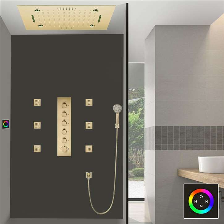Touch Panel Controlled Thermostatic Recessed Ceiling Mount LED Musical Mist Rainfall Waterfall Shower System with Handheld Shower and Jetted Body Sprays