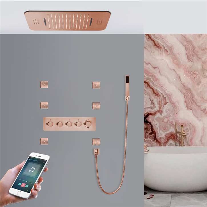 Modena Phone Controlled Rose Gold Thermostatic Recessed Ceiling Mount LED Rainfall Waterfall Shower System with Hand Shower and Jetted Body Sprays